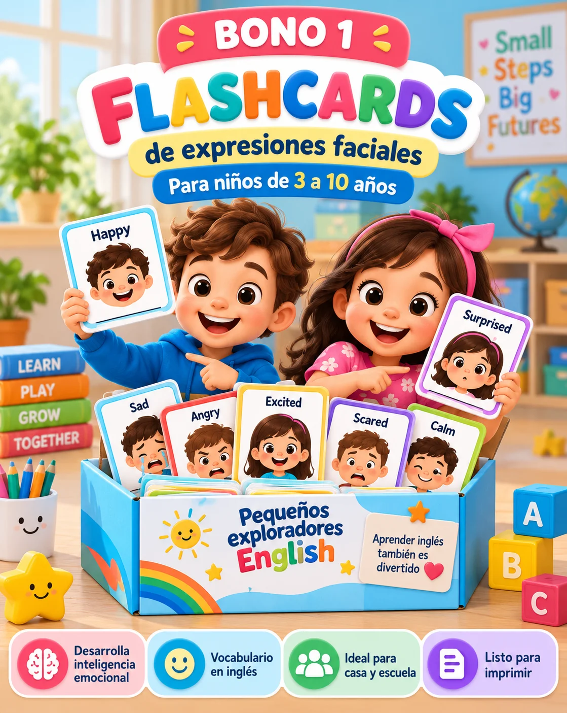 Tarjetas con caras de niño mostrando diferentes emociones