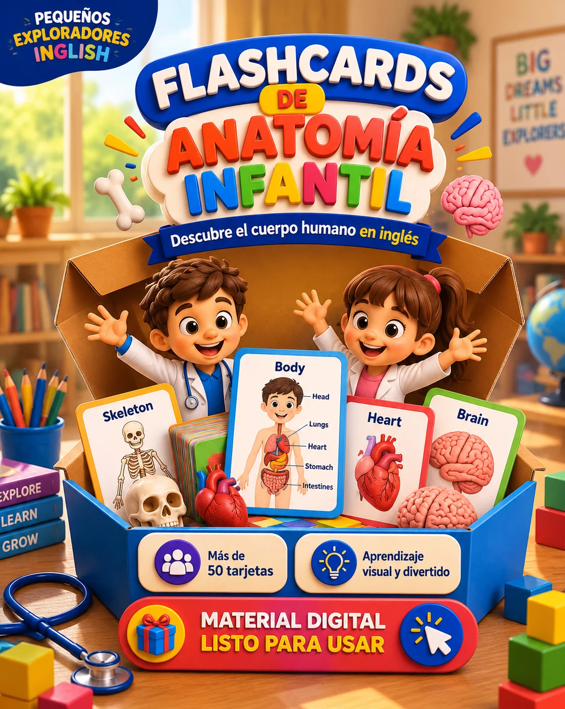 Tarjetas de partes del cuerpo con ilustraciones infantiles
