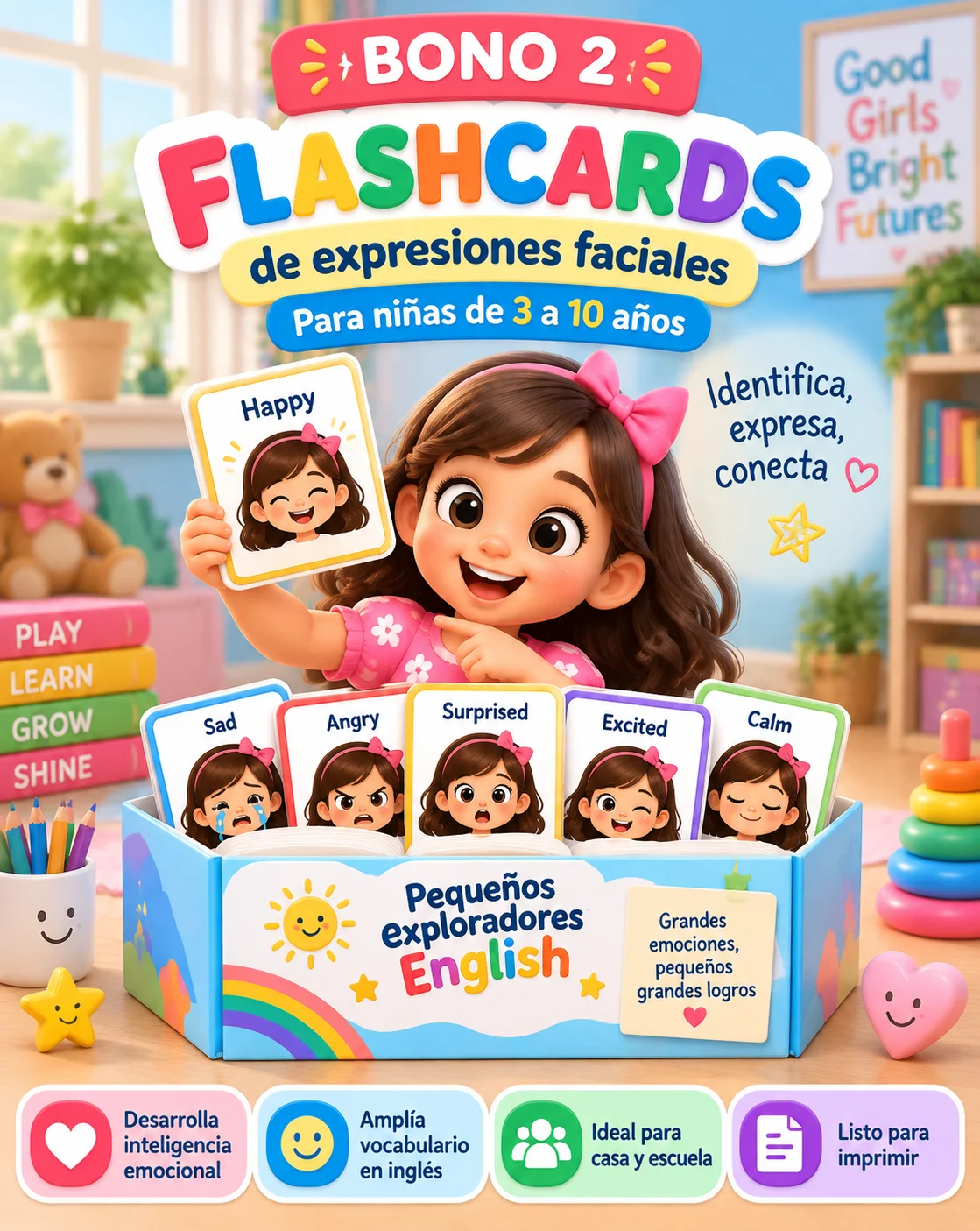 Tarjetas con caras de niña mostrando diferentes emociones