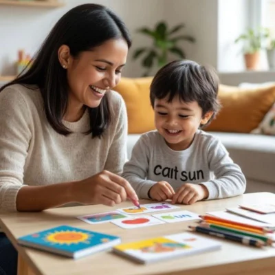 Mamá y niño jugando con flashcards de inglés en casa
