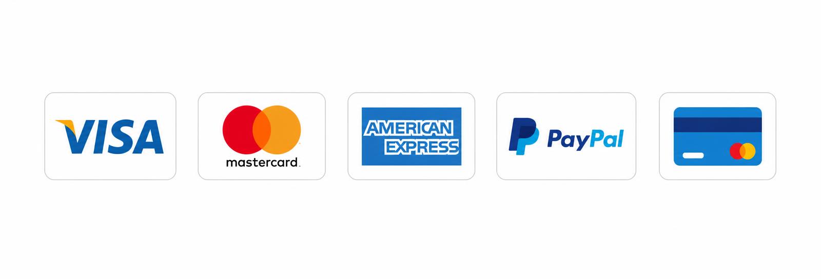 Métodos de pago aceptados: Visa, Mastercard, American Express, PayPal y tarjetas de crédito