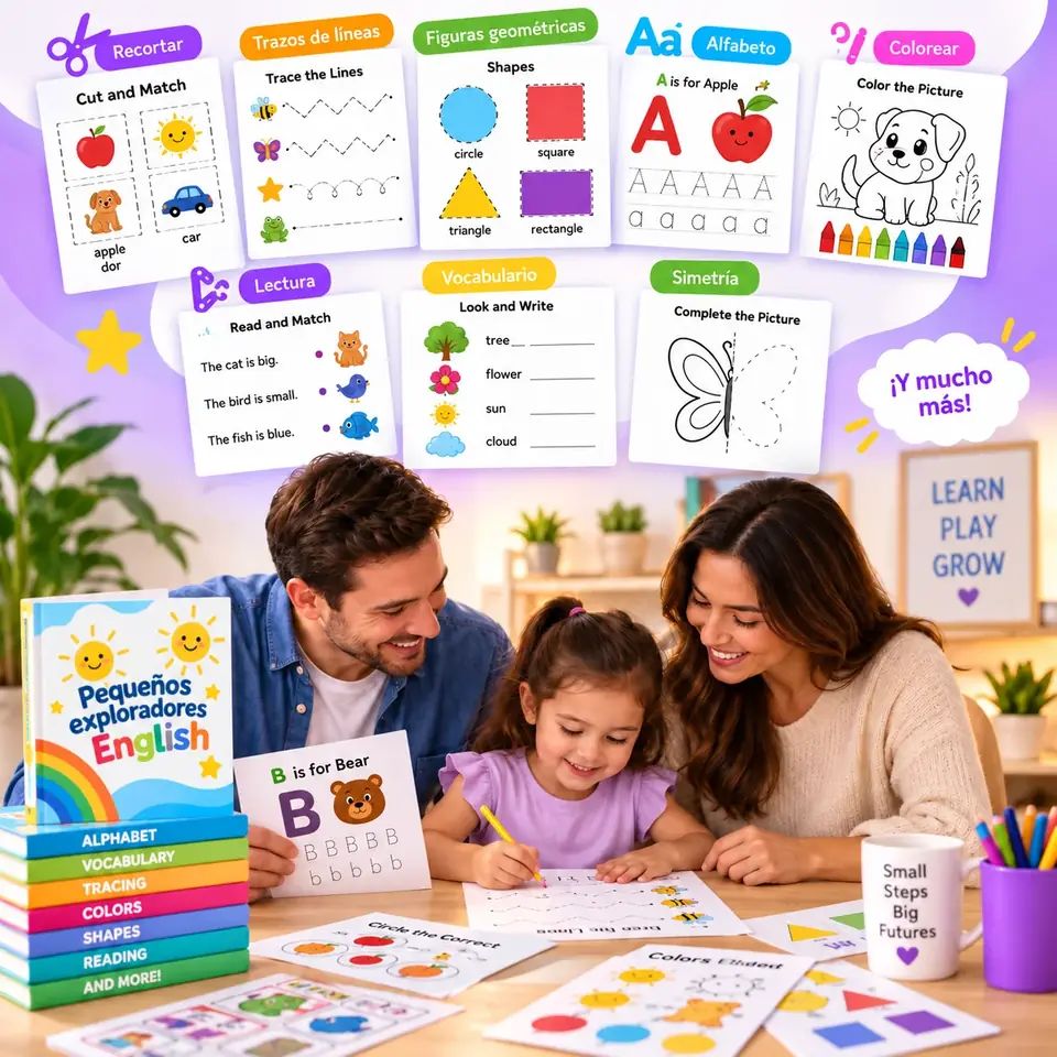 Cuadernillo Pequeños Exploradores English con hojas de actividades, tablet y flashcards