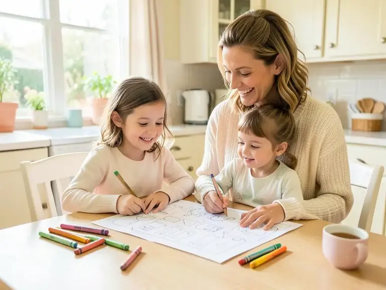 Mamá y sus hijas completando juntas una hoja de actividades de inglés en la mesa de la cocina